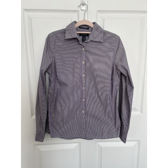 Lands' End Wrinkle Free Button Down Long Sleeve Blouse Top Purple/White Stripe 4 - Picture 2 of 8